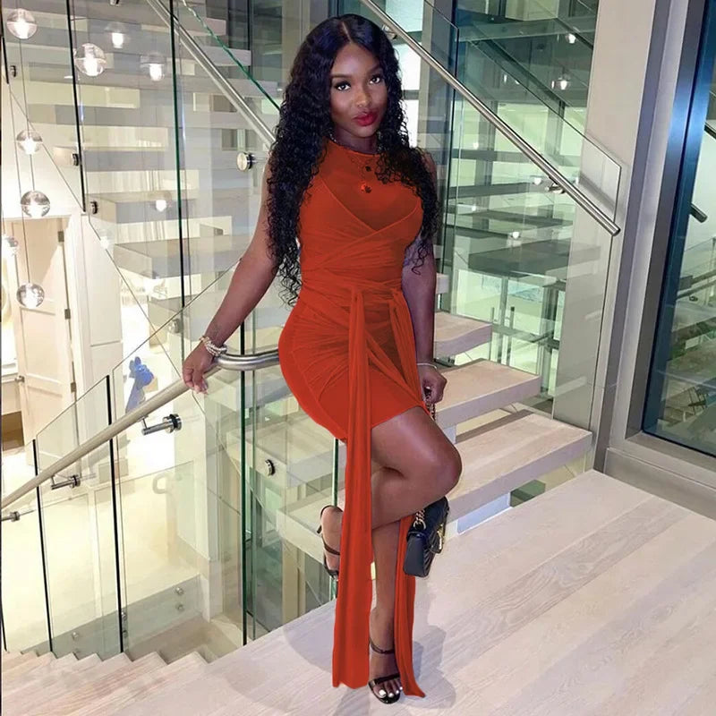 Ribbon-Wrapped Dress Draped See-Through Mesh Bandage Short High-Waist — Brown | KIMLUD