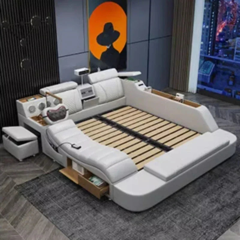 Leather Tatami Multifunction Bed With Projector — Ivory | KIMLUD