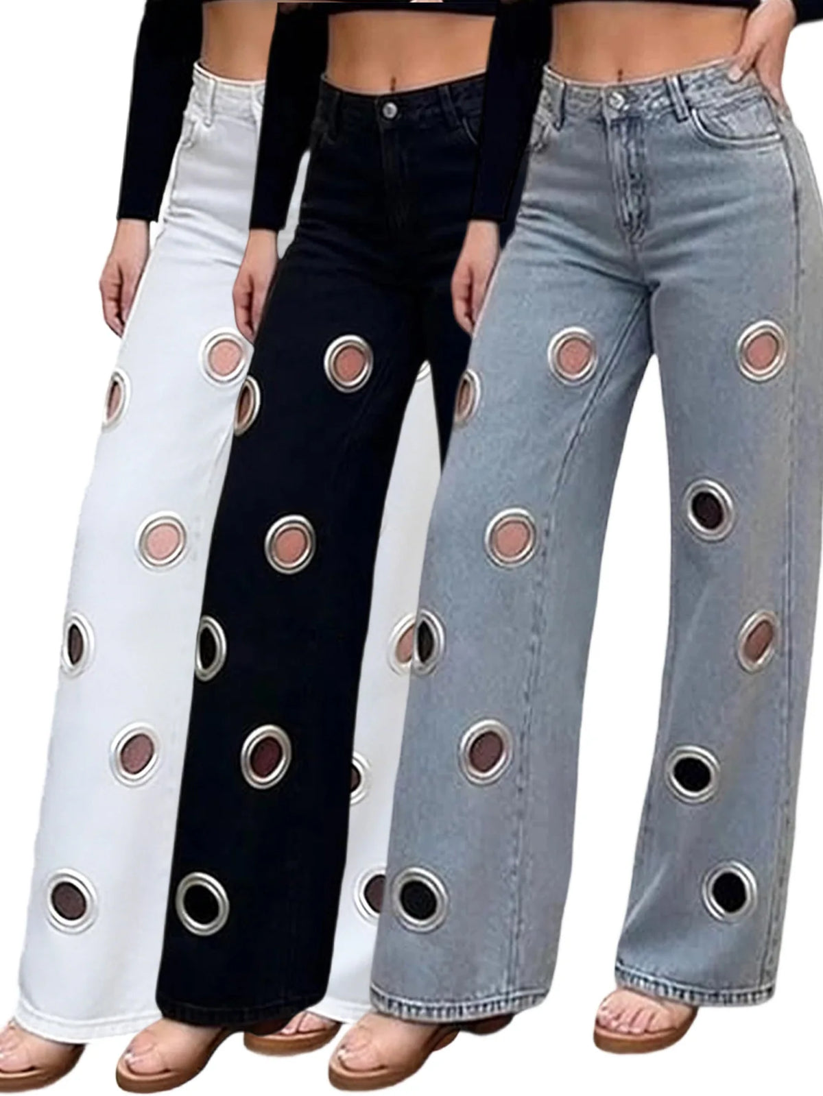 Three pairs of wide-leg jeans with circular cutouts in different colors.