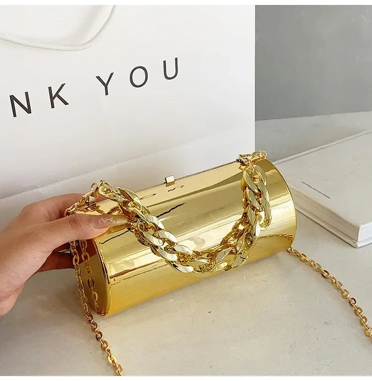 Metallic Cylinder Mini Box Clutch Purse — Gold | KIMLUD