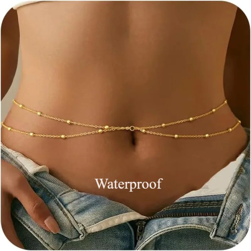 Gold-Plated Stainless Steel Waist Chain With Satellite Beads — Gold | KIMLUD