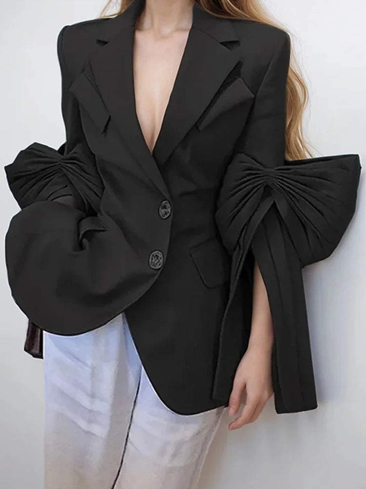 KIMLUD, CHICEVER Vintage Solid Blazers For Women Notched Collar Irrgular Design Long Sleeve Spliced Folds Slim Blazer Female Spring New, KIMLUD Womens Clothes