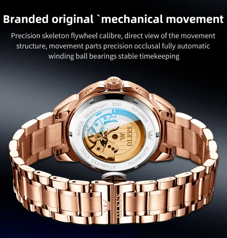 OLEVS 6695 NEW Men's Watches Full Multifunctional Dial Blue Leather Strap Calendar Week Moon Phase Waterproof Wristwatch