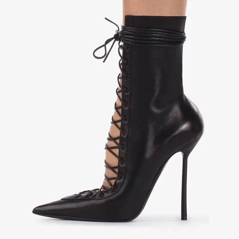 Lace-Up Leather Cross-Strap Knee High Boots — Brown | KIMLUD