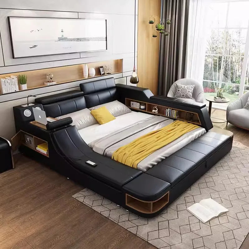 MINGDIBAO Modern Multifunctional Tech Smart Bed with Storage, USB, Speakers – King Genuine Leather Bed - Ultimate Massage Bed