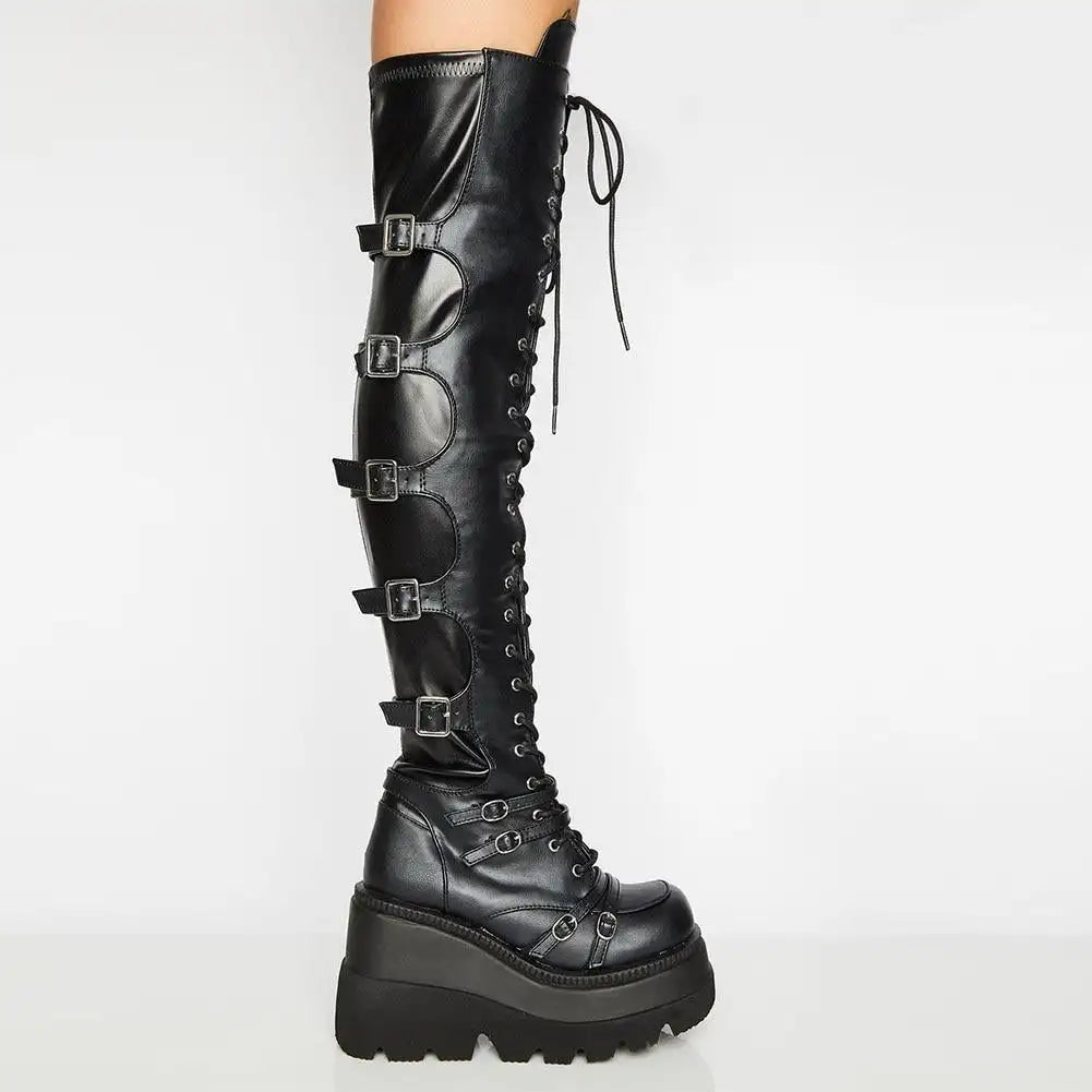 Over-the-Knee Boots – Gothic Wedge Platform – PU | KIMLUD
