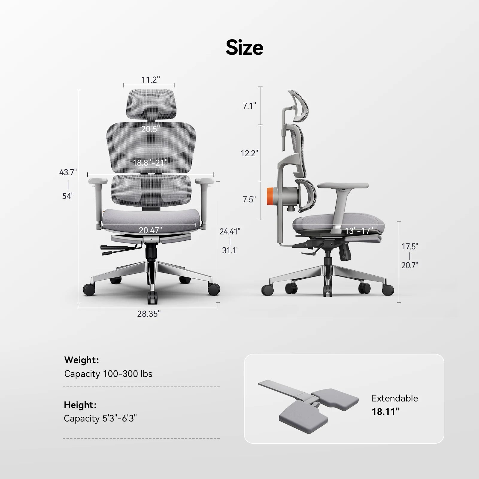 Fabric Ergonomic Office Chair With Footrest — Graphite Gray | KIMLUD