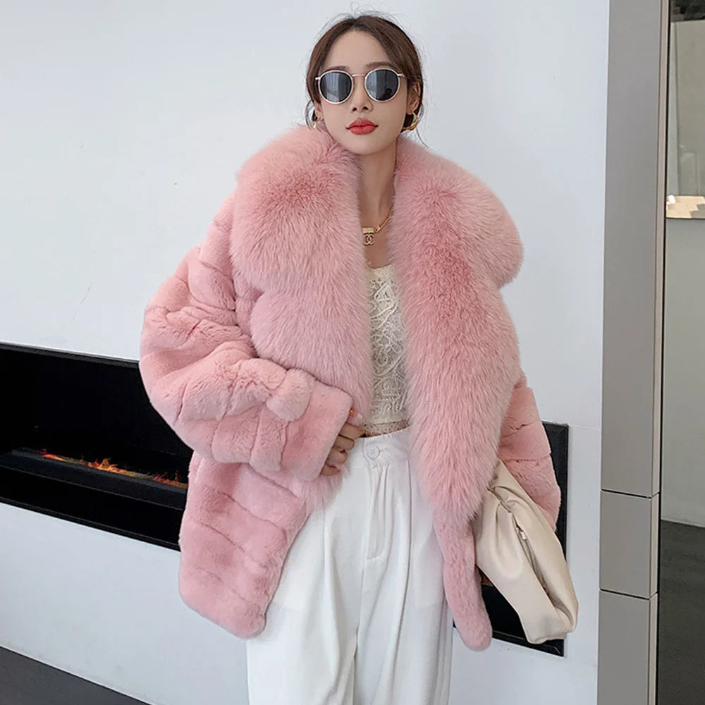 Winter Women Real Rex Rabbit Fur Coat 100% Natural Fur Jacket with Large Silver Fox Fur Collar Luxury Streetwear
