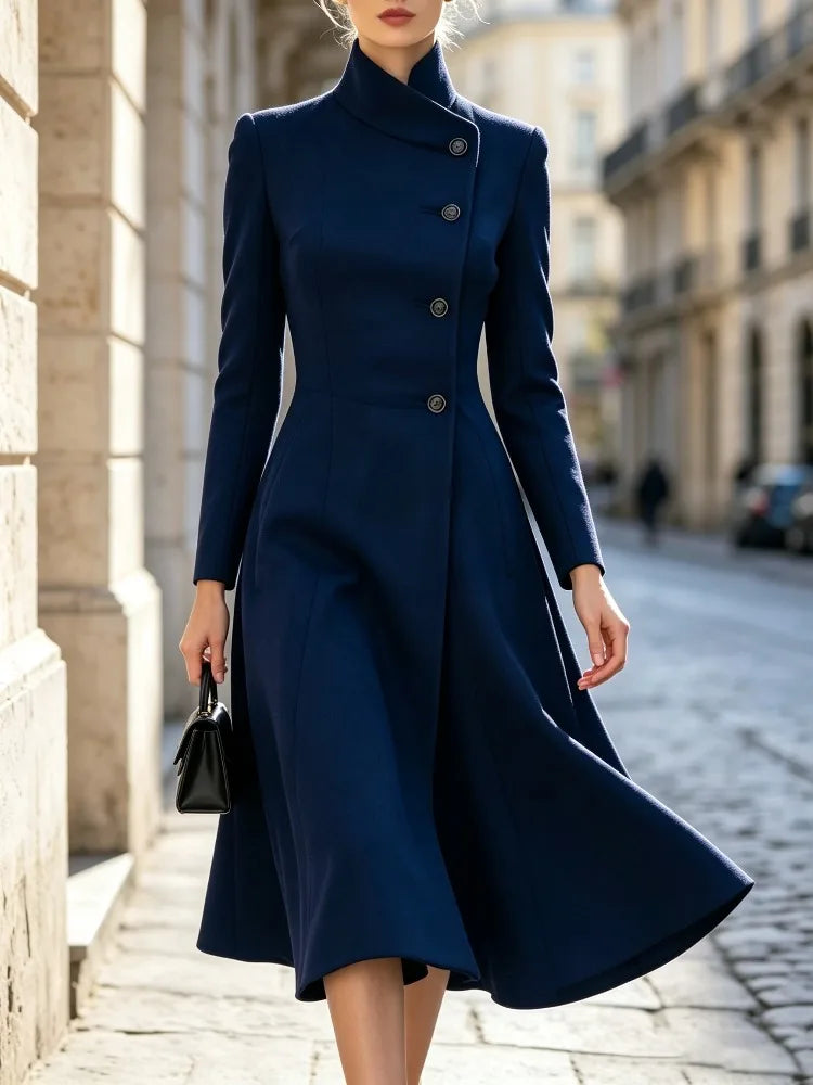 Yeezzi Women's Elegant Asymmetric Stand Collar Evening Coat Dress 2026 New Autumn Long Sleeves Party Office A-line Midi Dresses
