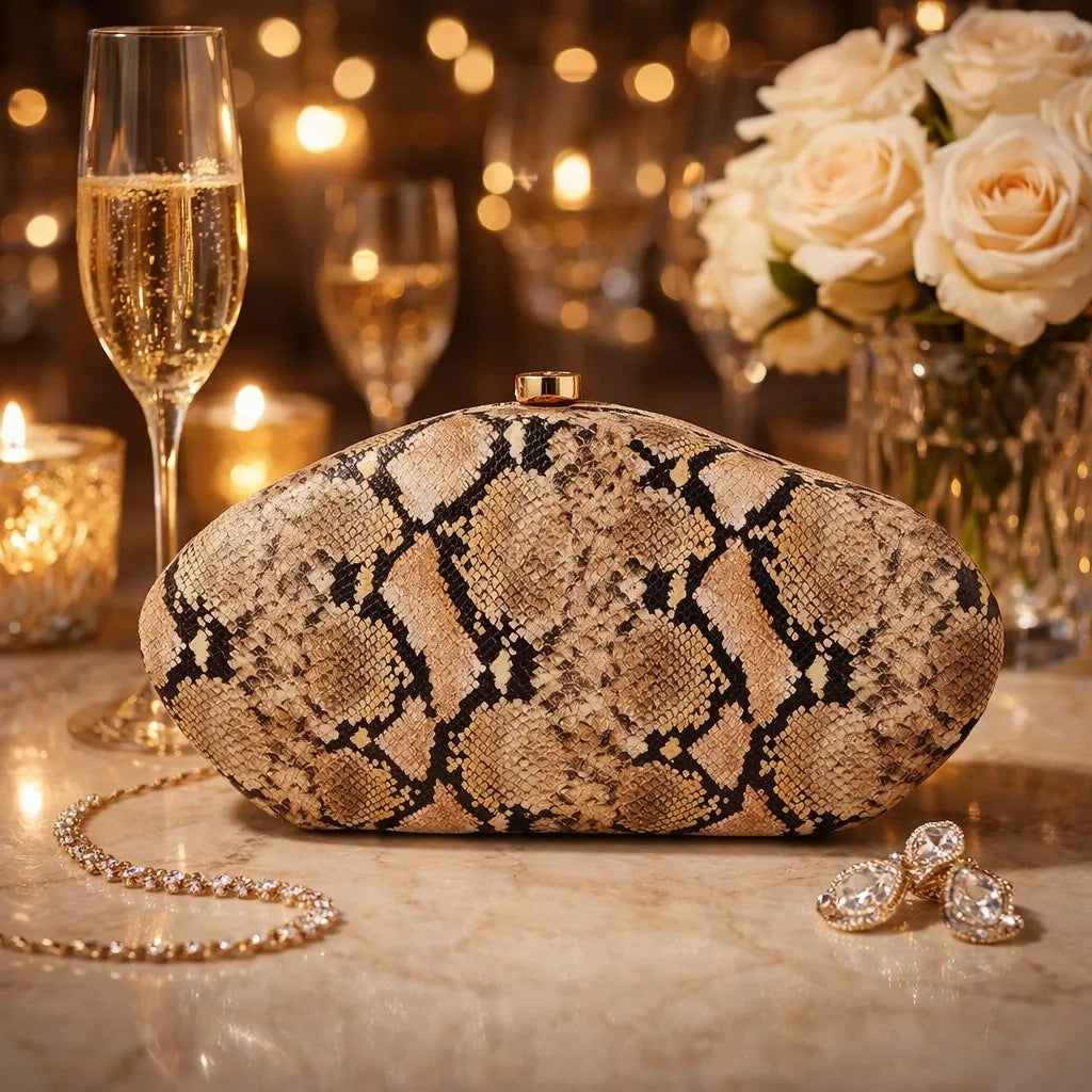 PU Leather Snake Print Clutch Bag — Black | KIMLUD