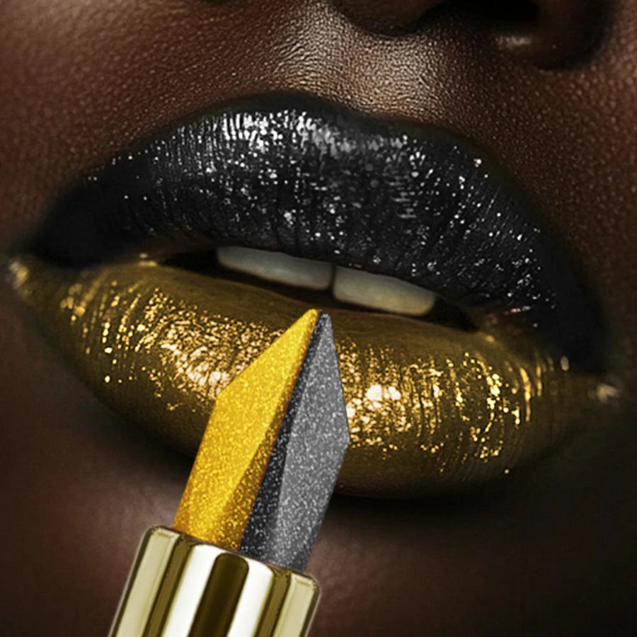 1PC Metallic Finish Lipstick Glitter Black&yellow Two Tone High Pigment Lip Tint  Korean Makeup Hydrating Shine Cosmetic Gifts