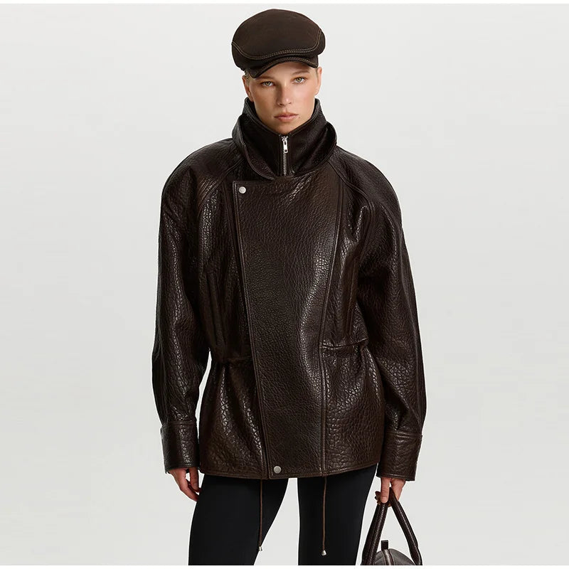 Chic Textured Leather Jacket Women Urban Lapel Drawstring Asymmetrical Loose Full Sleeve Jackets Female 2025 Edgy Lady Coats New