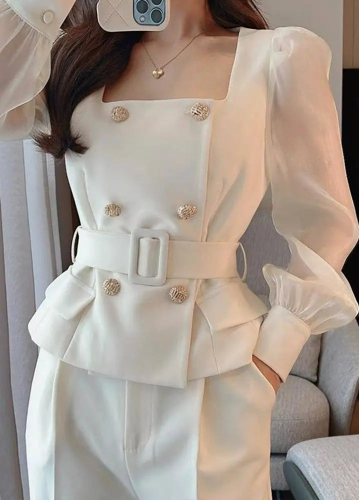 Sets Women Chic Korean Style Spring New Graceful Square Collar Tops Simple Wide Leg Pants Temperament Office Ladies Two Pieces