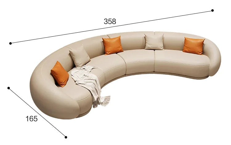 Beige curved sofa with orange cushions on a white background, featuring text about furniture top core businesses.