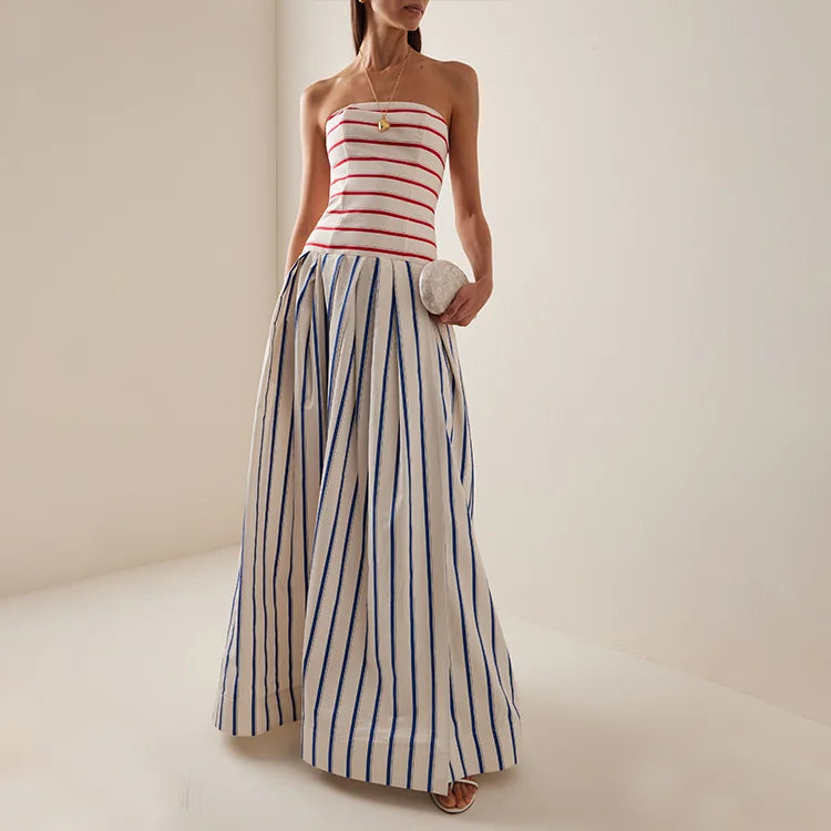 Bandeau Maxi Dress Striped Print Sundress — White | KIMLUD