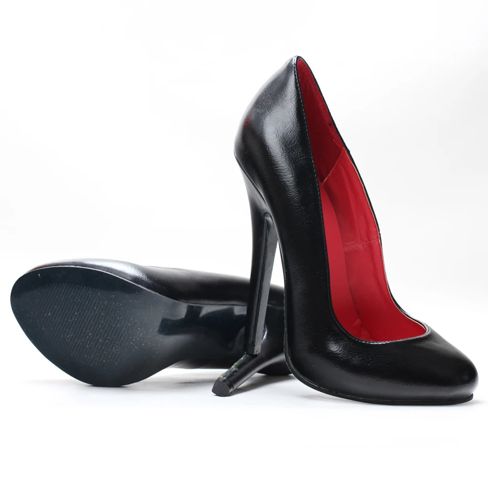 PU Patent Round Toe Stiletto Pumps — Black | KIMLUD
