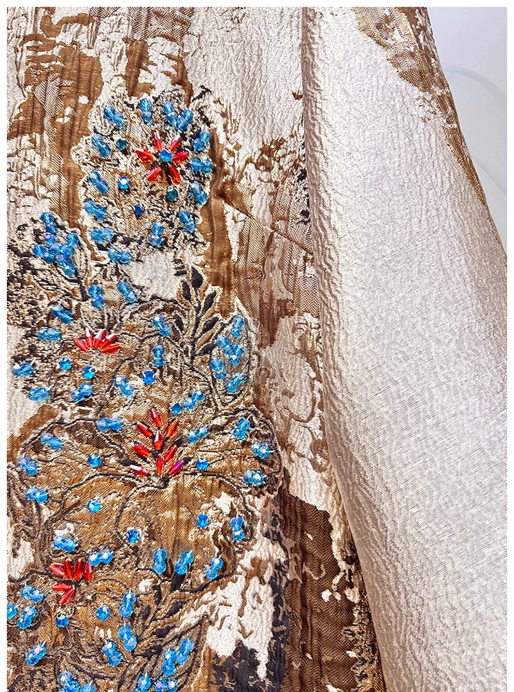 Luxury Jacquard Coat for Women Autumn Winter Vintage Gold Embroidery Beaded 3/4 Sleeve Loose Outerwear Elegant Retro Jacket