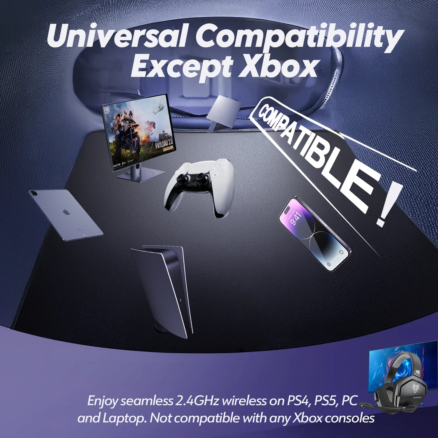 NUBWO G06 Wireless Headsets Gamer 2.4GHz Bluetooth 5.3 Gaming Headphones with Dual Microphone for PS5, PS4, PC, Mobile, Switch