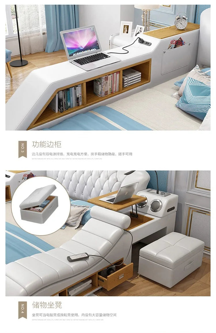 Solid Wood Headboard Storage Bed With Drawers — Ivory White | KIMLUD