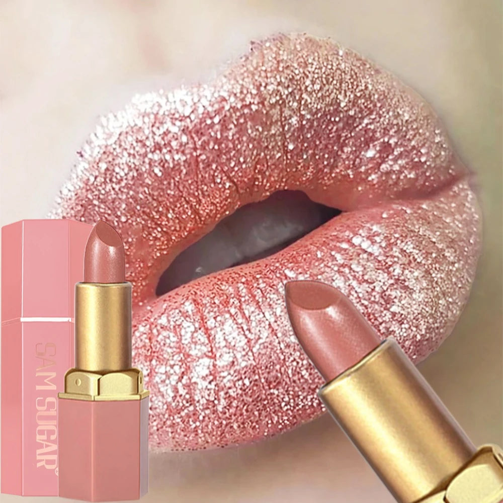 6 Colors Gold Bar Tube Lipstick Diamond Pearlescent Glitter Gold Pink Lips Stick Long-Lasting Non-Sticky High-Shine Makeup