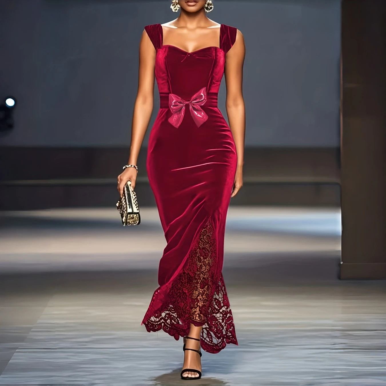 Velvet Maxi Dresses With Bow Waist Lace Patchwork — Black | KIMLUD