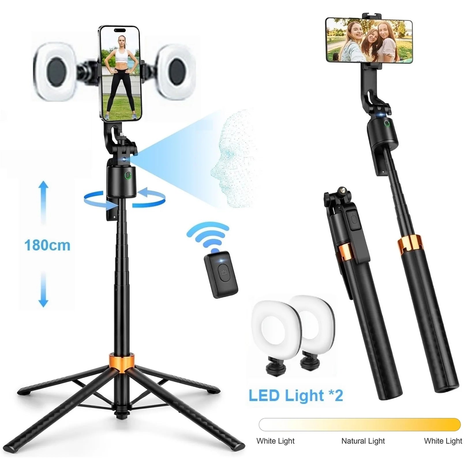 1.8m/71in AI Smart Gimbal Tripod Selfie Stick Foldable 360° Auto Follow-Up Face Tracking Gimbal Phone Holder For iPhone Android