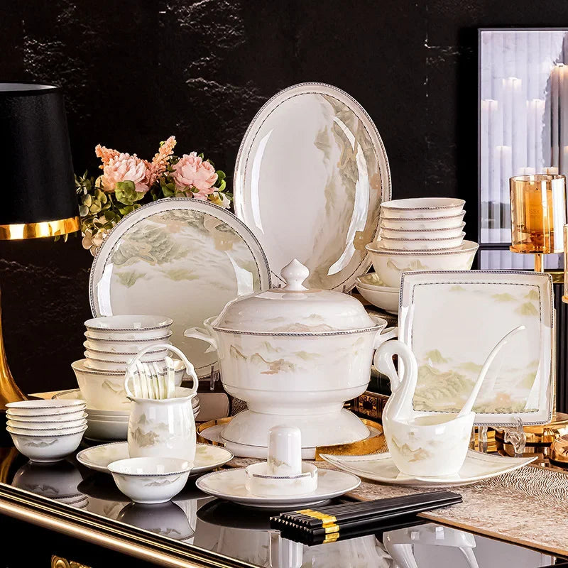 Bone China Dinnerware Set Jingdezhen Bowls And Plates — Ivory | KIMLUD