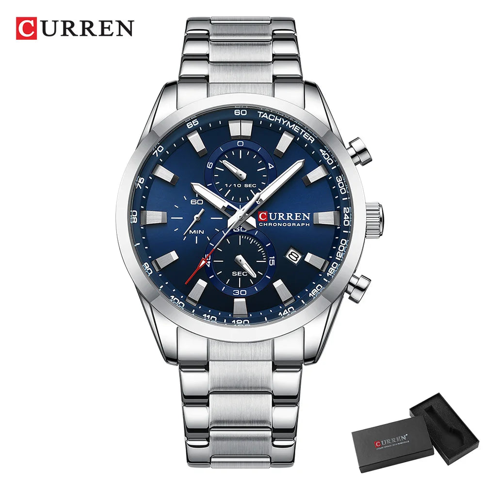 CURREN Quartz Chrono Sport Watch Brands for Men - Stainless Steel Bracelet and Multifunctional Dial