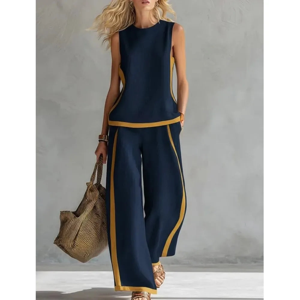 Two Piece Set – Striped Splicing – Synthetic Fiber | KIMLUD