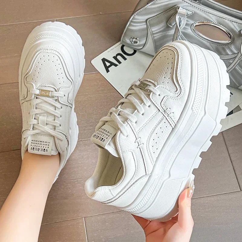 Platform Sneakers 8cm Lace-Up Cushioned Insole For All-Day Comfort — White | KIMLUD