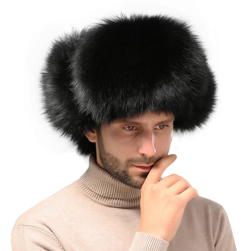 New Winter Men's 100% Real Silver Fox Fur Bomber Hat Raccoon Fur Ushanka Cap Trapper Russian Man Ski Hats Caps Real Leather Hat