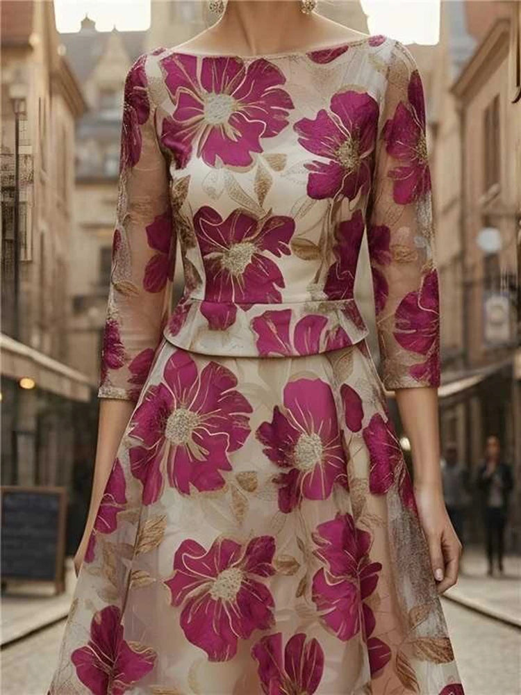 A-Line Maxi Dress – Printed O-Neck Pattern – Polyester | KIMLUD