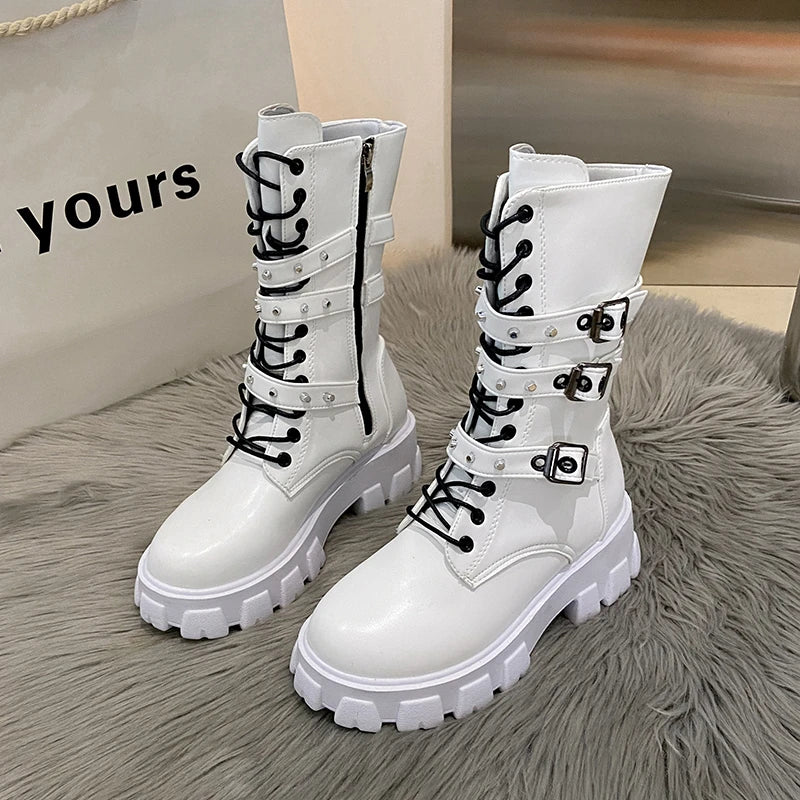 KIMLUD, WOMEN ANKLE BOOTS Goth Boots Woman Winter 2022 Platform Shoes Sneakers Studded Belt Buckle Punk Army Chunky Heels Mid Calf Boots, KIMLUD Women's Clothes