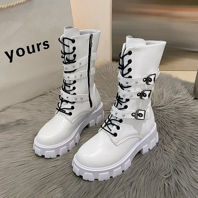 WOMEN ANKLE BOOTS Goth Boots Woman Winter 2022 Platform Shoes Sneakers Studded Belt Buckle Punk Army Chunky Heels Mid Calf Boots - KIMLUD