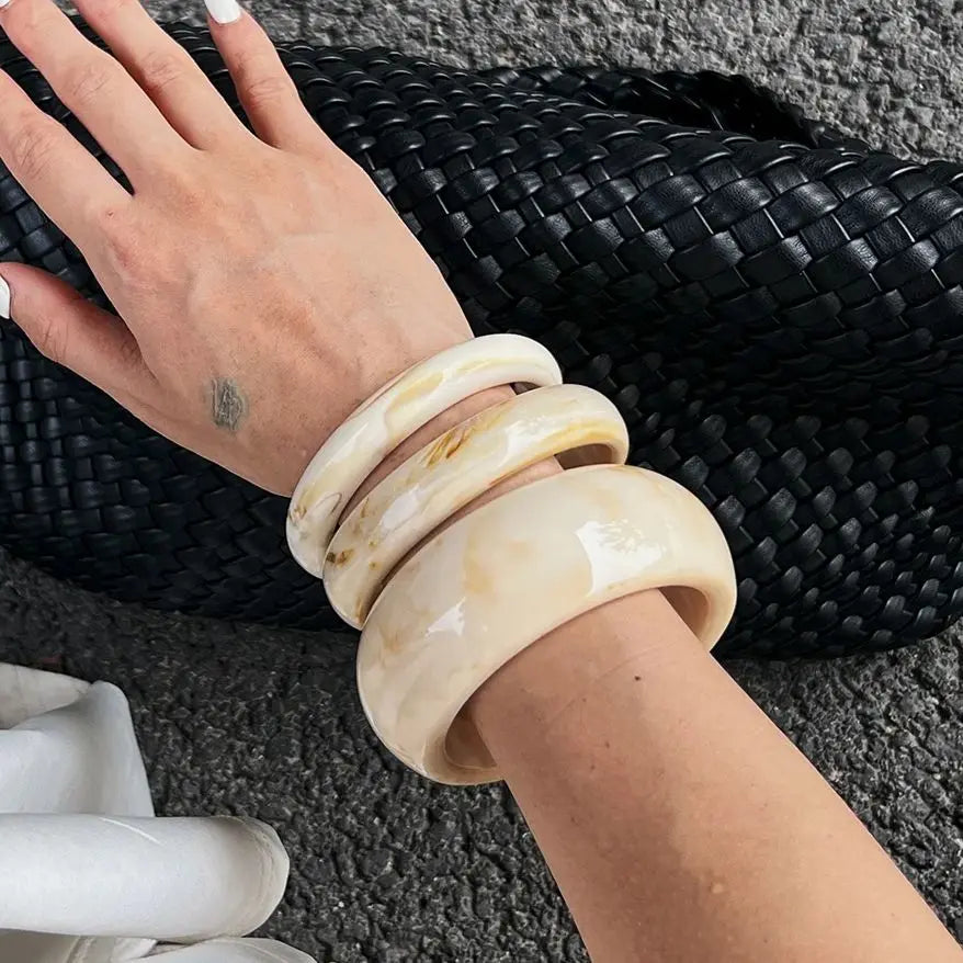 Resin Bangles Set Vintage Boho Charm Stacking — Beige | KIMLUD