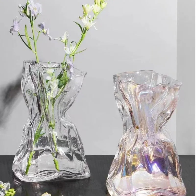 KIMLUD, Ins Creative Glass Vase Fold Paper-like Luxury Flower Vase Home Decoration Irregular Transparent Glass Vase Hydroponic Art, KIMLUD Womens Clothes