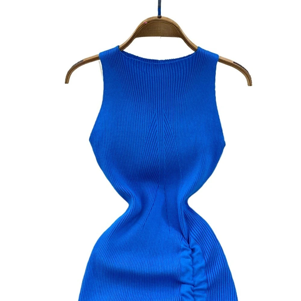 Ribbed Knit Ruched Bodycon Dresses — Blue | KIMLUD