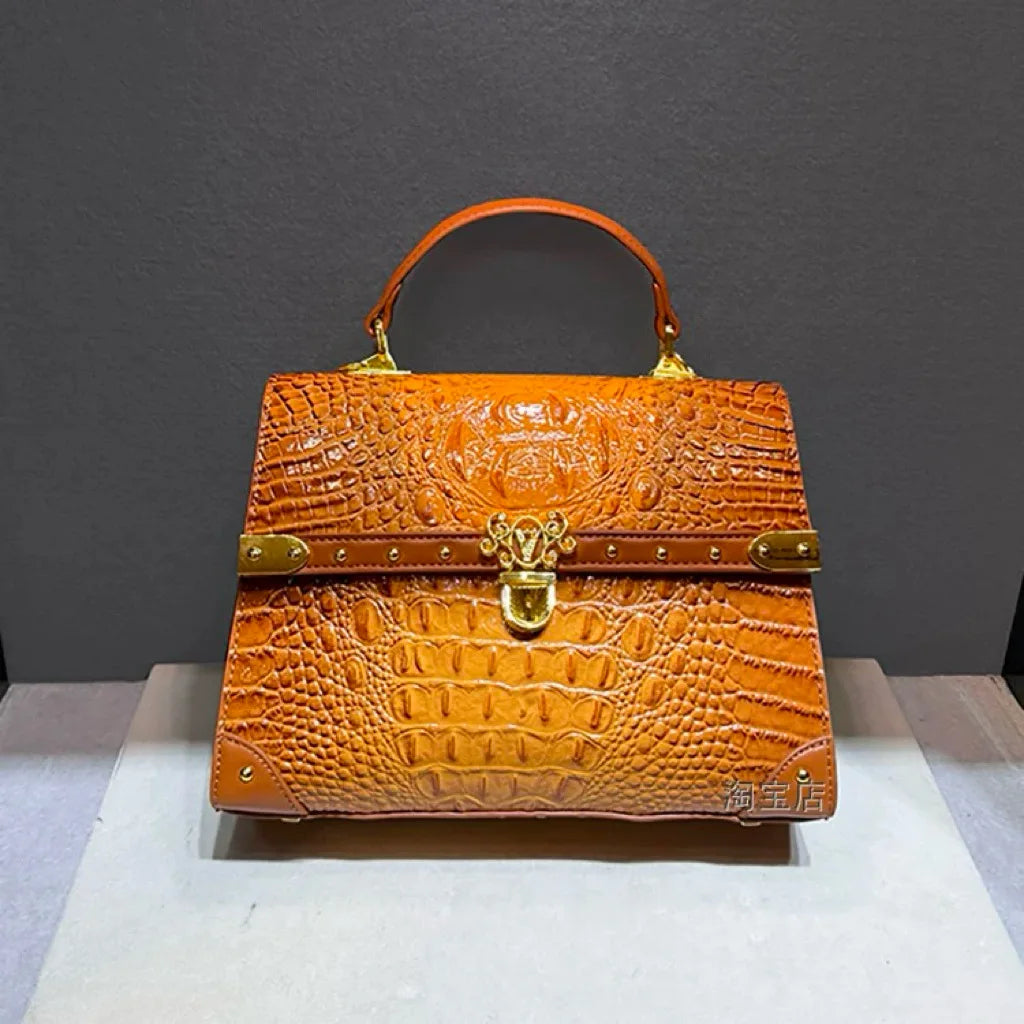 Leather Crocodile Print Crossbody Bag — Black | KIMLUD