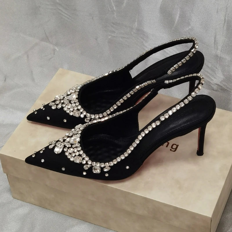 Dresses Satin Pointy Toe Heels With Rhinestones — Silver | KIMLUD
