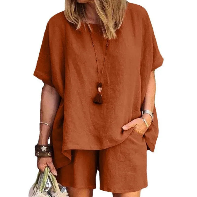 Cotton-Linen Two-Piece Set Plus Size Relaxed-Fit Short-Sleeve Top And Shorts — Steel-Blue | KIMLUD