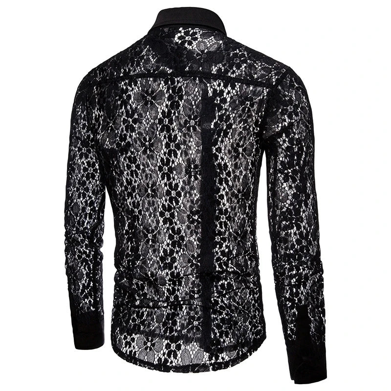 Lace Embroidered Sheer Long Sleeve Shirt With Floral Details — Black | KIMLUD