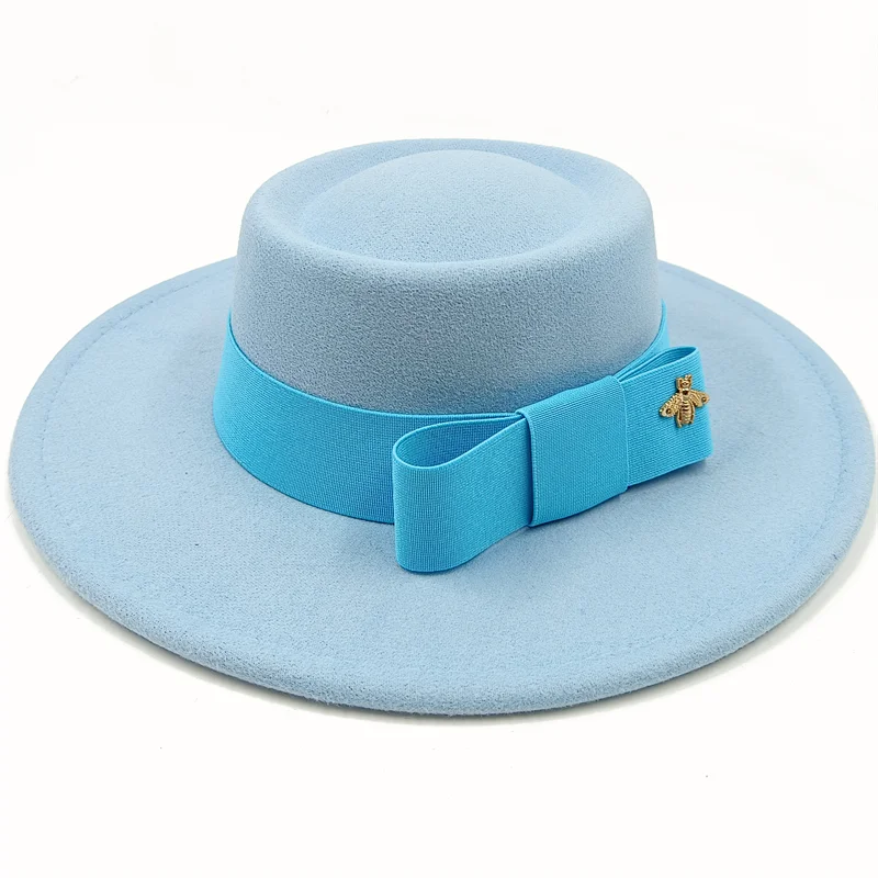 Wholesale Fedora hats Winter round concave convex surface flat top bow elastic ribbon men&#39;s and women&#39;s felt jazz hats Fedora - KIMLUD