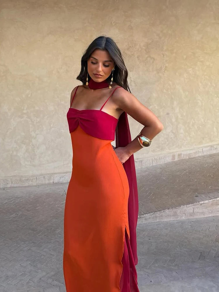 Color Blocking Sling Dress Scarf Collar — Orange Burgundy | KIMLUD