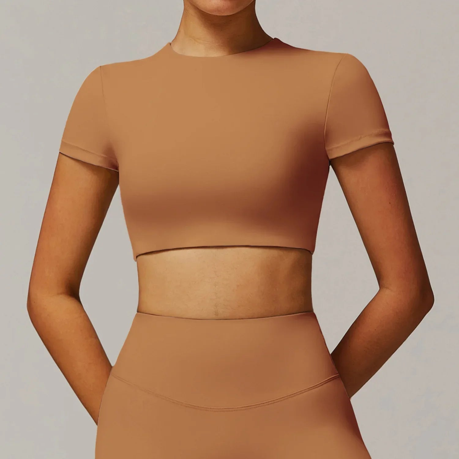 Backless Padded Yoga Crop Top Short Sleeve — Warm Sand-Beige | KIMLUD