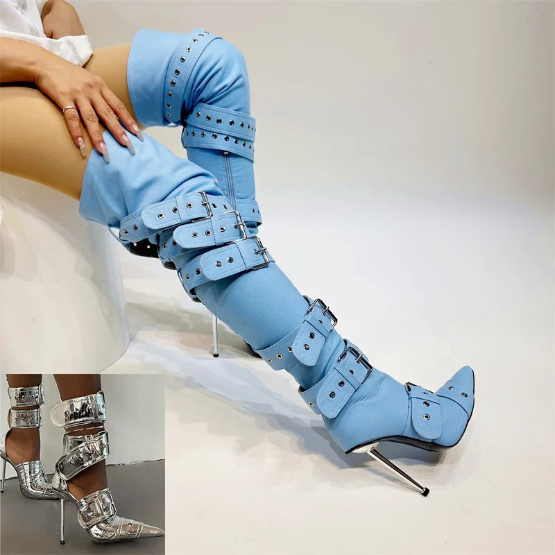 New Women's Denim Metal Rivet Buckle Sandals Women's Sexy Punk Style Pointed Hollow Metal 11cm High Heel Knee High Boots Size43