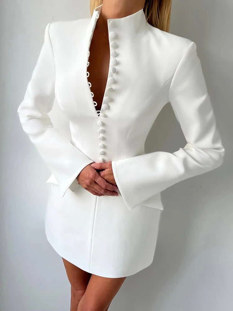 Polyester Single Breasted Stand Collar Bodycon Mini Dress — Black | KIMLUD