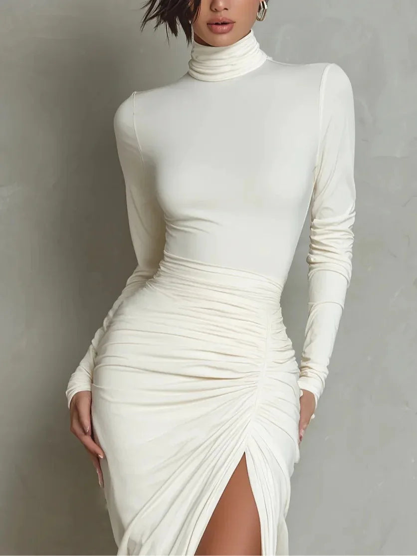 Polyester Solid Bodycon Maxi Dress — White | KIMLUD