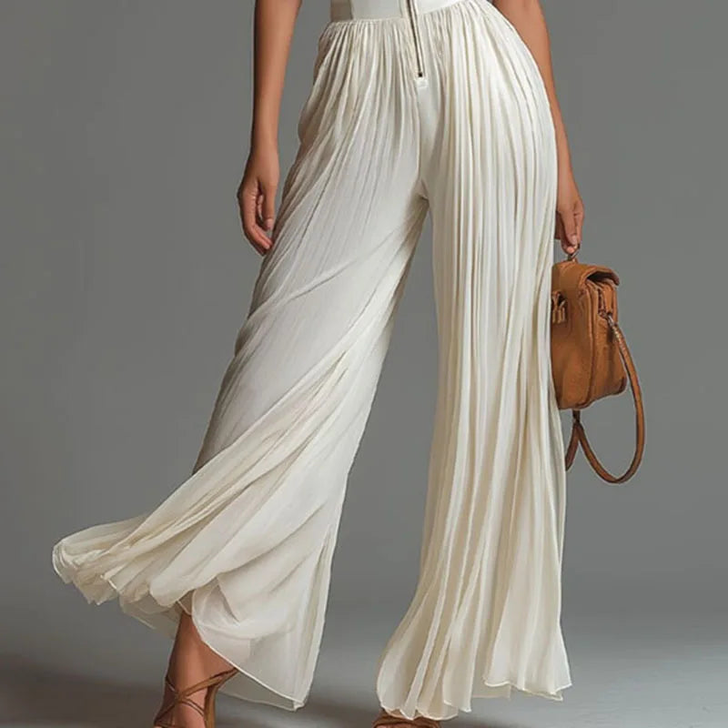 Chiffon Sleeveless Jumpsuit High Waist Pleated Wide Leg Solid — Ivory | KIMLUD
