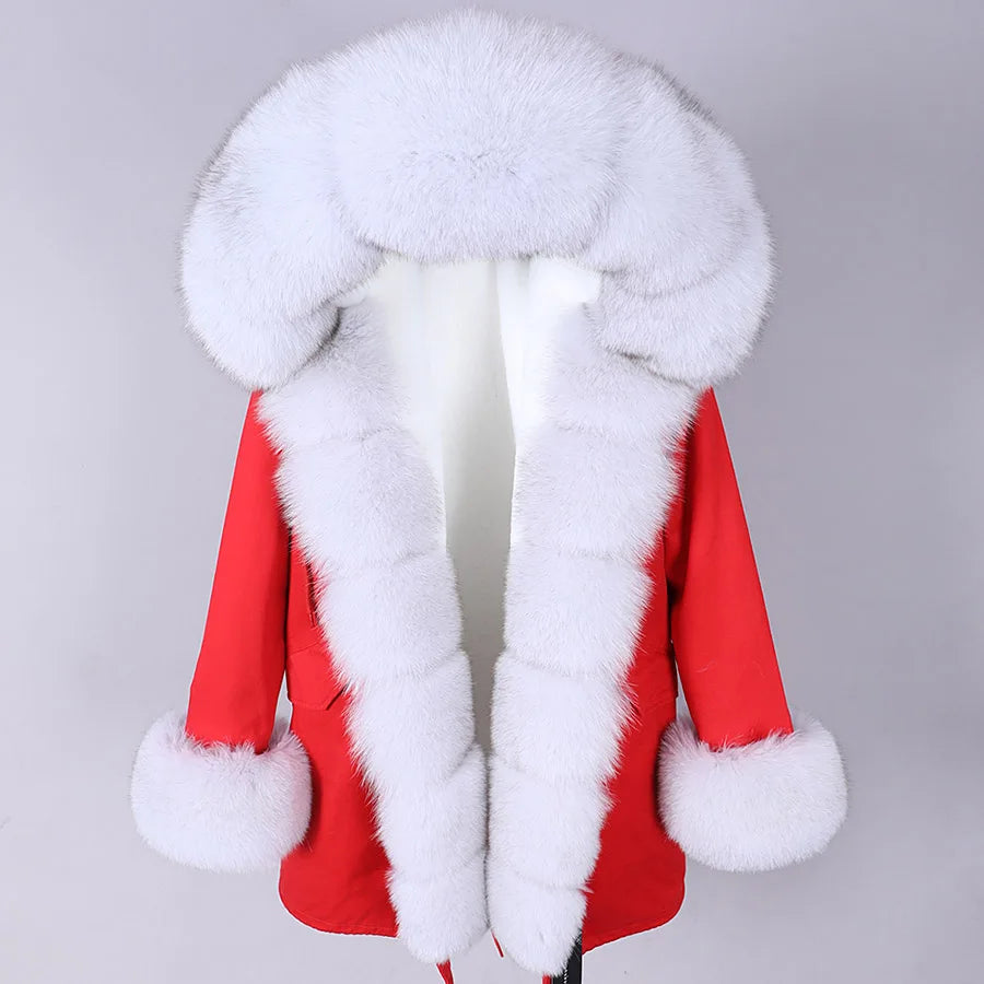 Maomaokong Winter Women Luxur Beige Fur Coat Natural Real Fox Fur Waterproof Jacket Hooded Thick Warm Fashion Long Black Parkas
