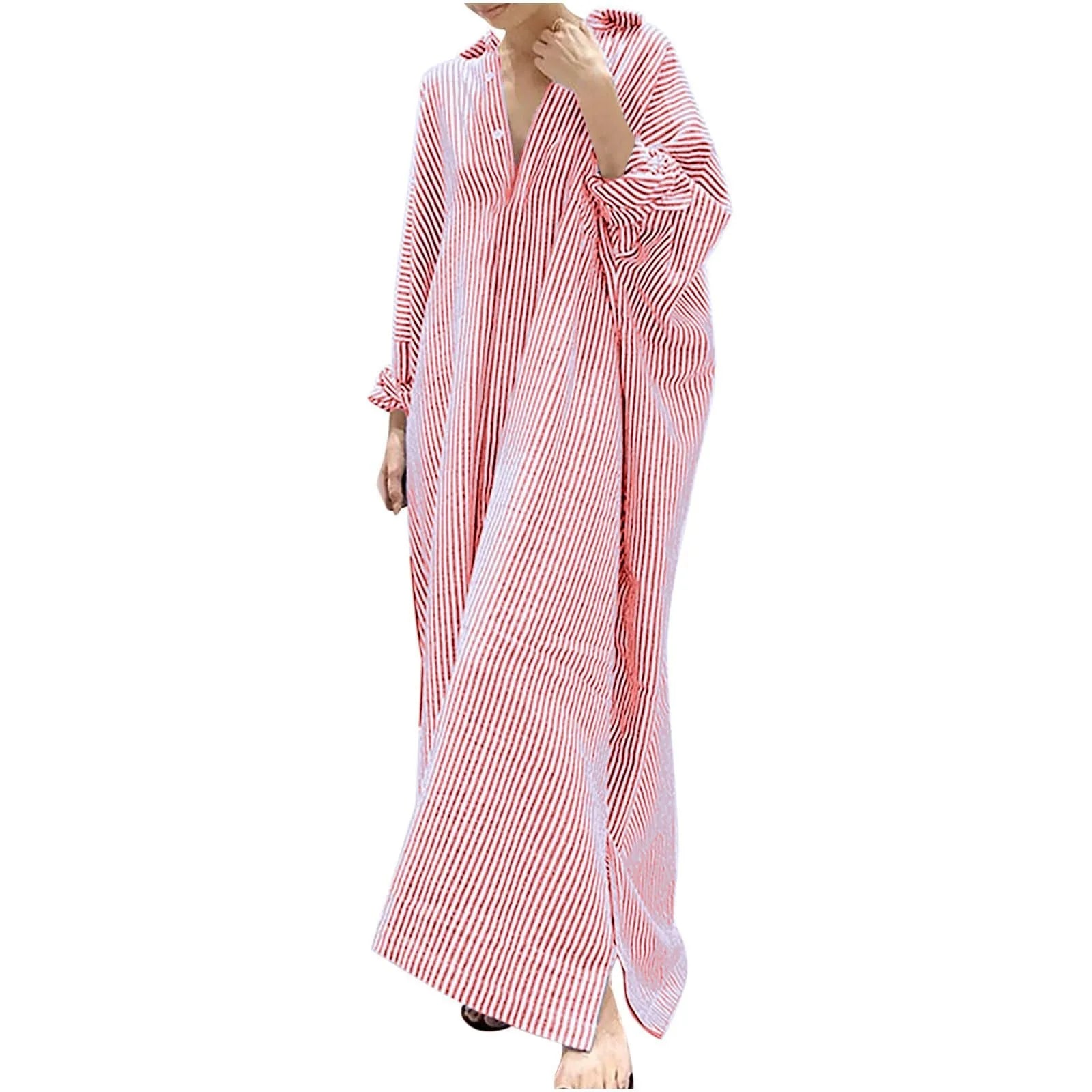 Cotton Maxi Dress Striped — Red and White | KIMLUD